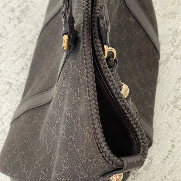 Gucci Chocolate Denim Monogram Tote Bag W/Braided Handles and Tassels - Picture 13 of 15